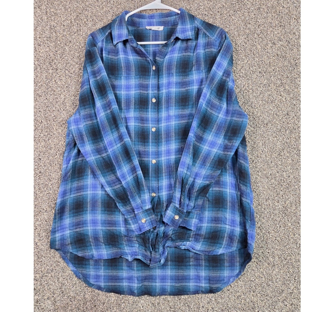 beachlunchlounge Plaid Button Down Women Large Blue Black High-Low Flannel Shirt